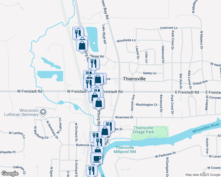 map of restaurants, bars, coffee shops, grocery stores, and more near 116 East Freistadt Road in Thiensville