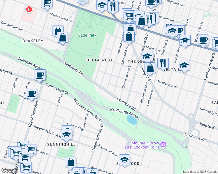 map of restaurants, bars, coffee shops, grocery stores, and more near 209 Rosslyn Avenue South in Hamilton
