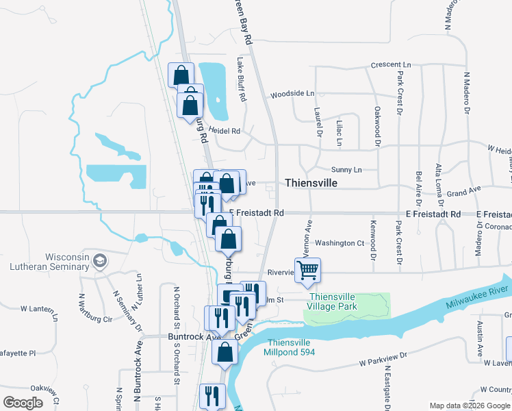 map of restaurants, bars, coffee shops, grocery stores, and more near 116 East Freistadt Road in Thiensville