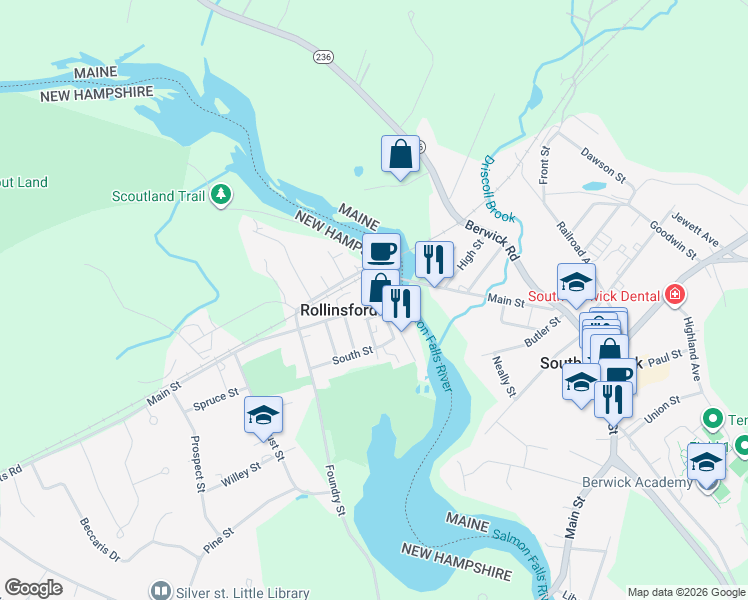 map of restaurants, bars, coffee shops, grocery stores, and more near 701 Main Street in Rollinsford