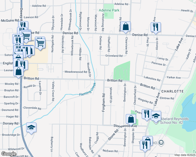 map of restaurants, bars, coffee shops, grocery stores, and more near 351 Britton Road in Rochester