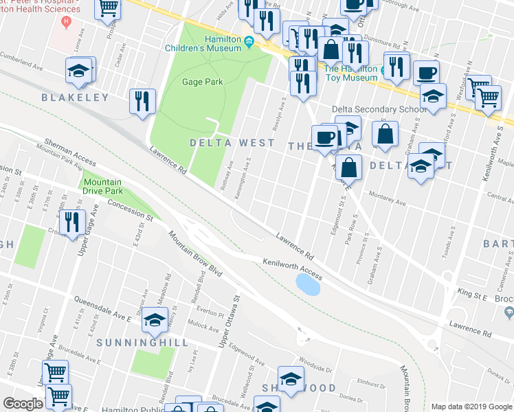 map of restaurants, bars, coffee shops, grocery stores, and more near in Hamilton