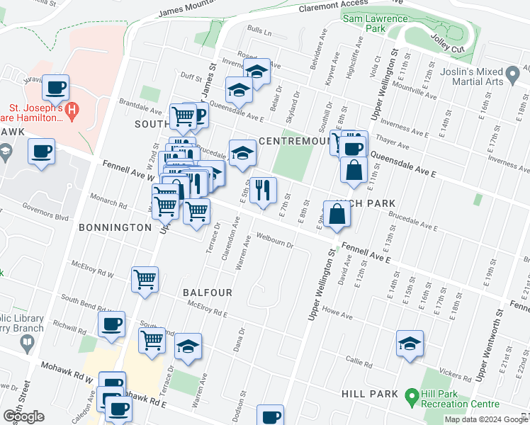 map of restaurants, bars, coffee shops, grocery stores, and more near 152 Fennell Avenue East in Hamilton