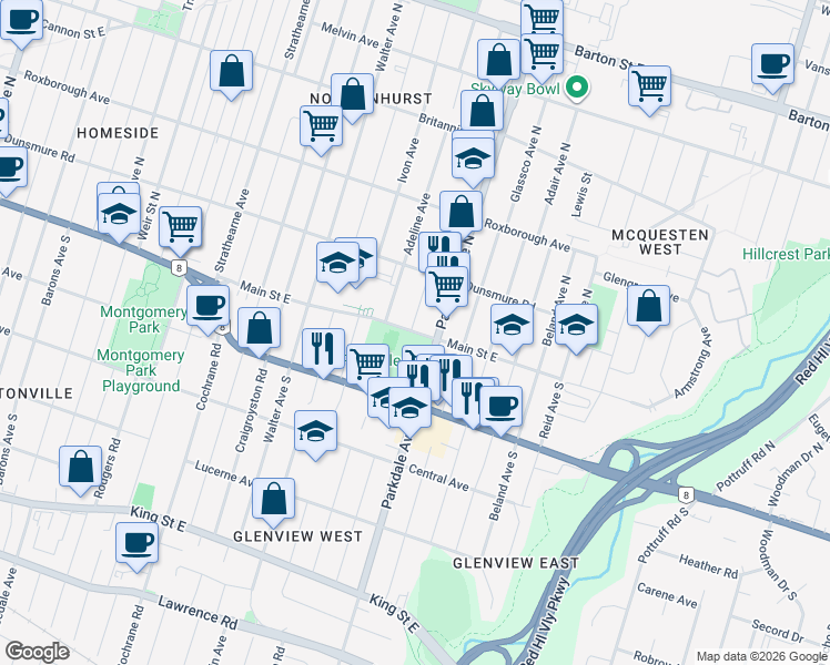 map of restaurants, bars, coffee shops, grocery stores, and more near 1797 Main Street East in Hamilton