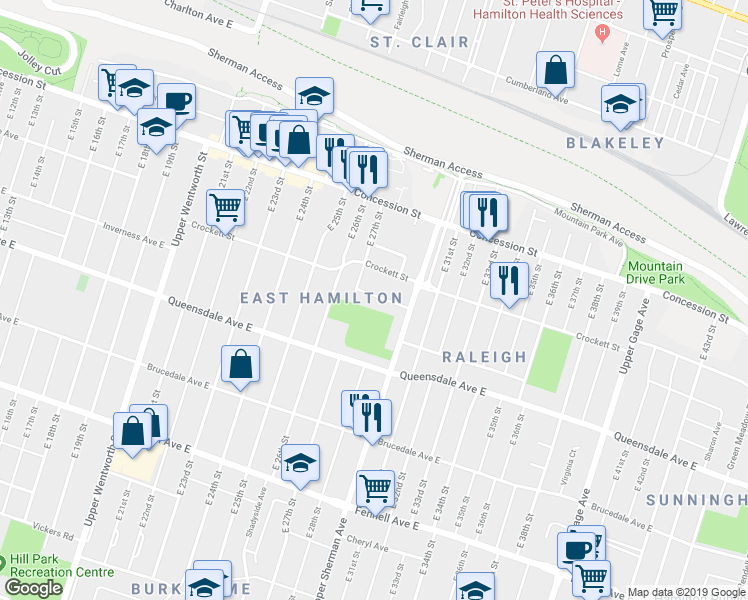 map of restaurants, bars, coffee shops, grocery stores, and more near 14 Russell Street in Hamilton