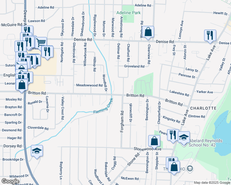 map of restaurants, bars, coffee shops, grocery stores, and more near 360 Britton Road in Rochester