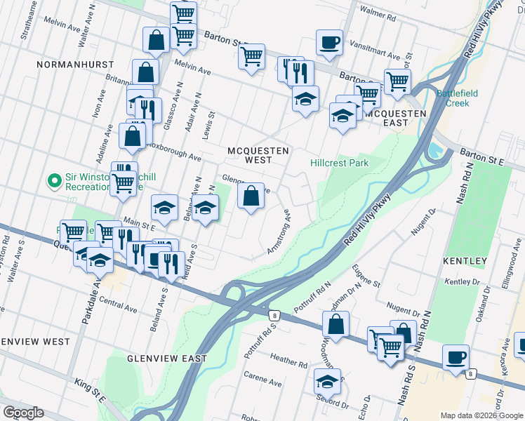 map of restaurants, bars, coffee shops, grocery stores, and more near 47 Eastvale Place in Hamilton