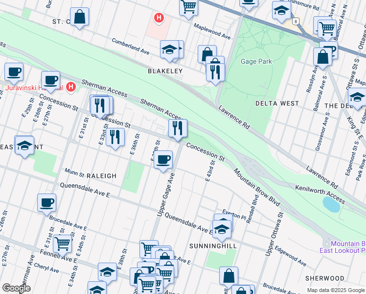 map of restaurants, bars, coffee shops, grocery stores, and more near 968 Concession Street in Hamilton