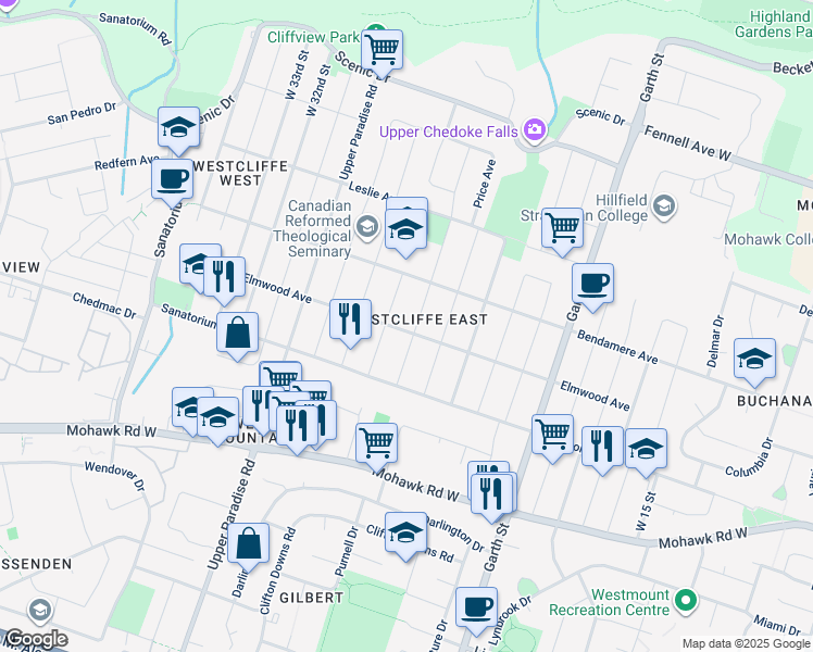 map of restaurants, bars, coffee shops, grocery stores, and more near in Hamilton