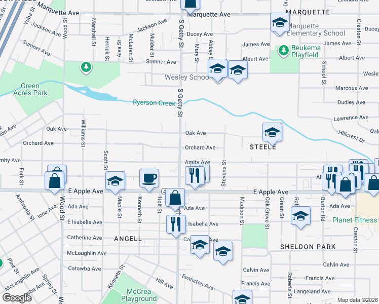 map of restaurants, bars, coffee shops, grocery stores, and more near 851 Amity Avenue in Muskegon
