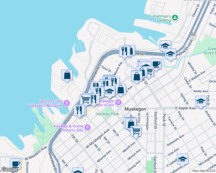 map of restaurants, bars, coffee shops, grocery stores, and more near 720 2nd Street in Muskegon