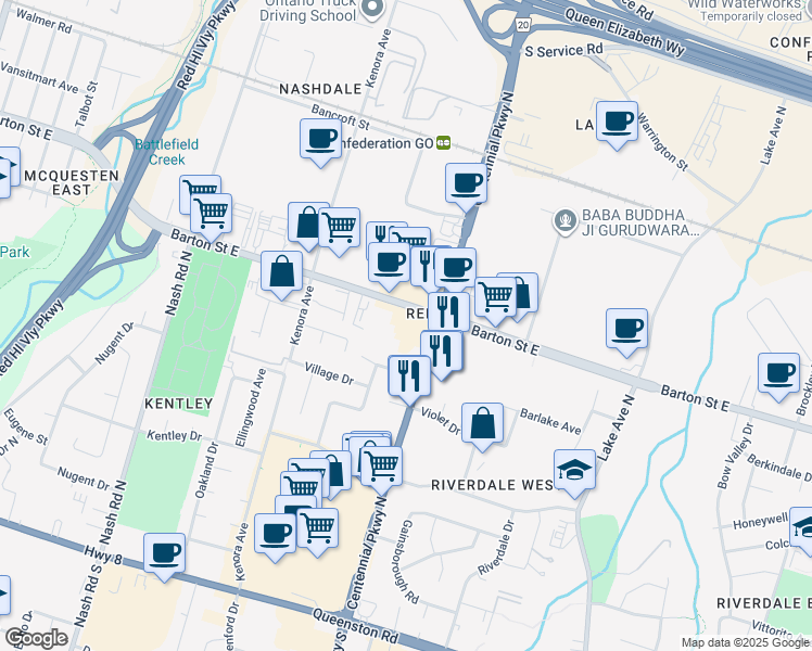 map of restaurants, bars, coffee shops, grocery stores, and more near 2444 Barton Street East in Hamilton