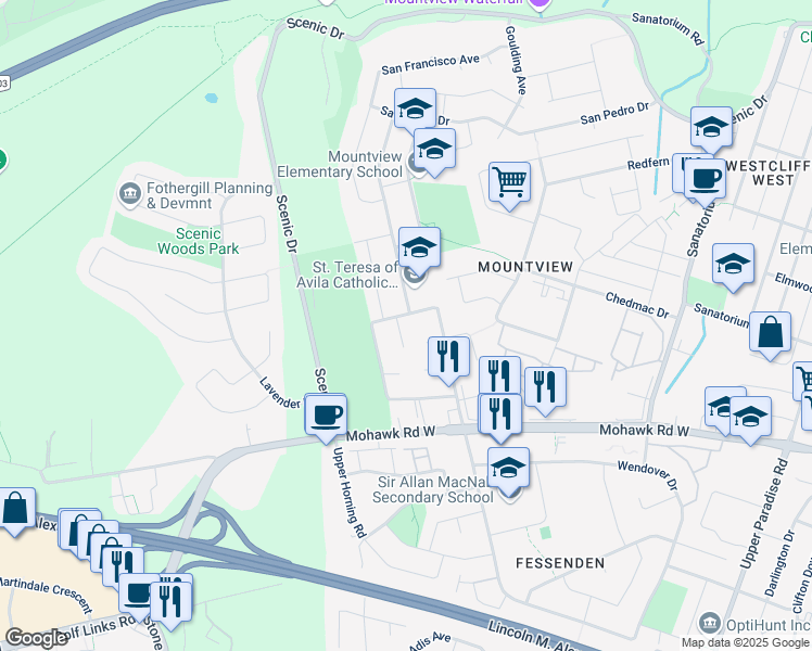map of restaurants, bars, coffee shops, grocery stores, and more near 7 Rialto Court in Hamilton