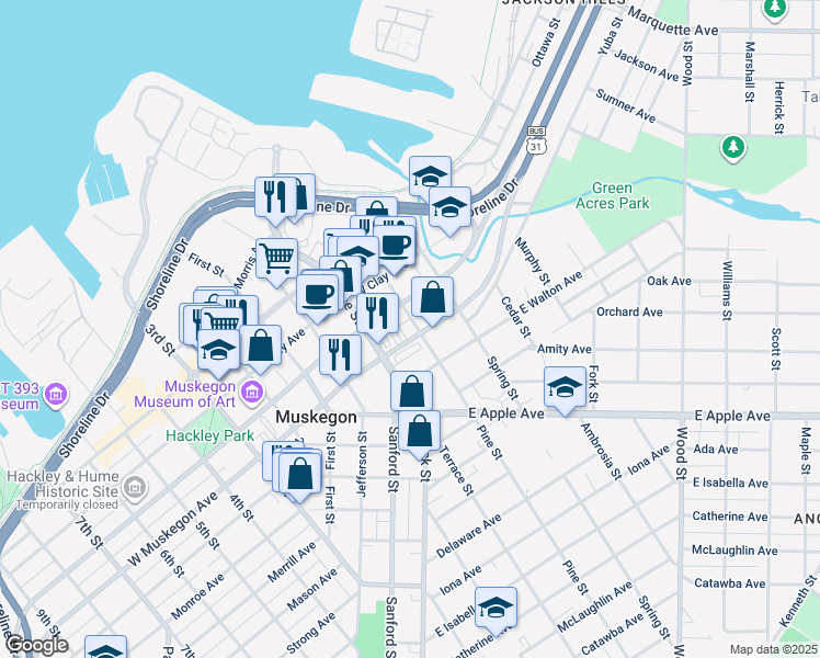 map of restaurants, bars, coffee shops, grocery stores, and more near 913 Pine Street in Muskegon