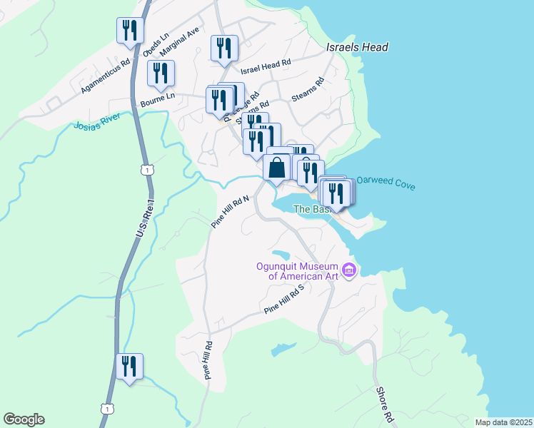 map of restaurants, bars, coffee shops, grocery stores, and more near 418 Shore Road in Ogunquit