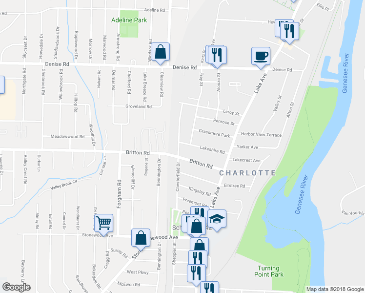 map of restaurants, bars, coffee shops, grocery stores, and more near 145 Lakeshire Road in Rochester