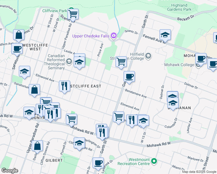 map of restaurants, bars, coffee shops, grocery stores, and more near 5 West 22nd Street in Hamilton