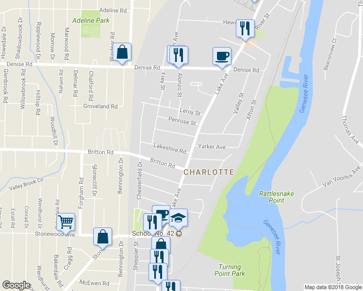 map of restaurants, bars, coffee shops, grocery stores, and more near 30 Lakeshire Road in Rochester