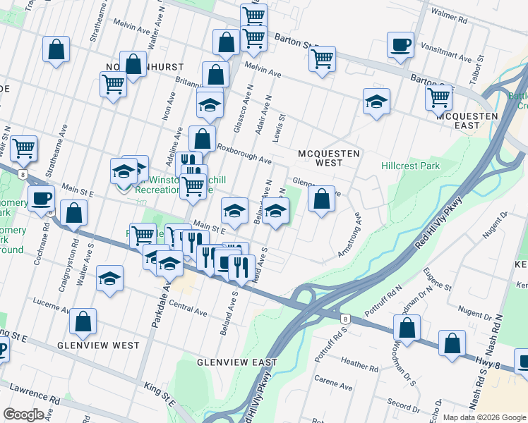 map of restaurants, bars, coffee shops, grocery stores, and more near 21 Beland Avenue North in Hamilton