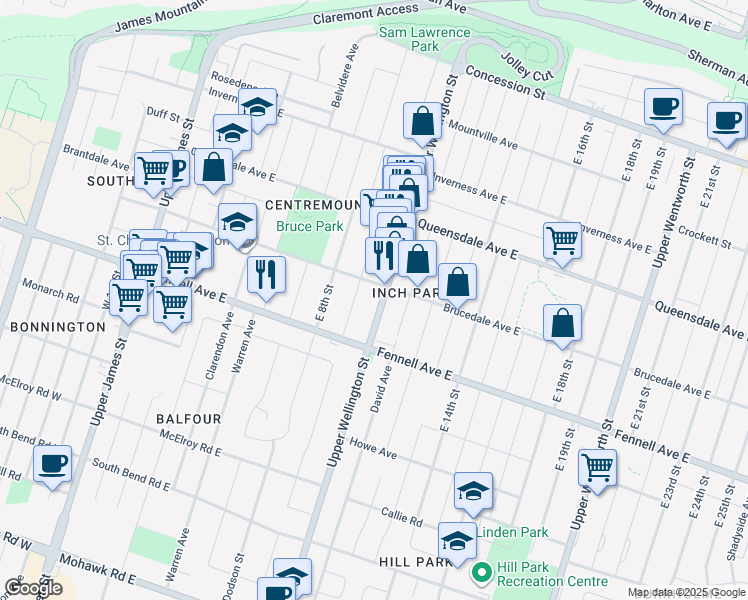 map of restaurants, bars, coffee shops, grocery stores, and more near 636 Upper Wellington Street in Hamilton