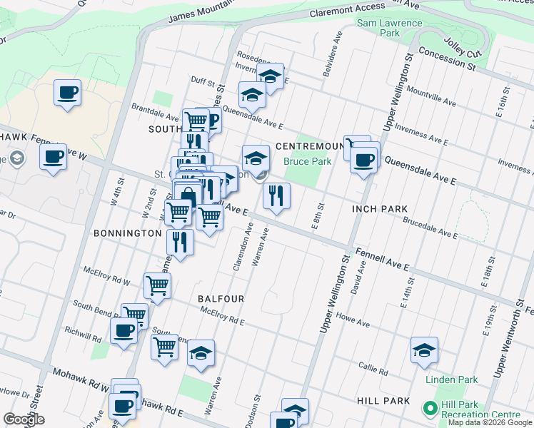 map of restaurants, bars, coffee shops, grocery stores, and more near 120 Fennell Avenue East in Hamilton
