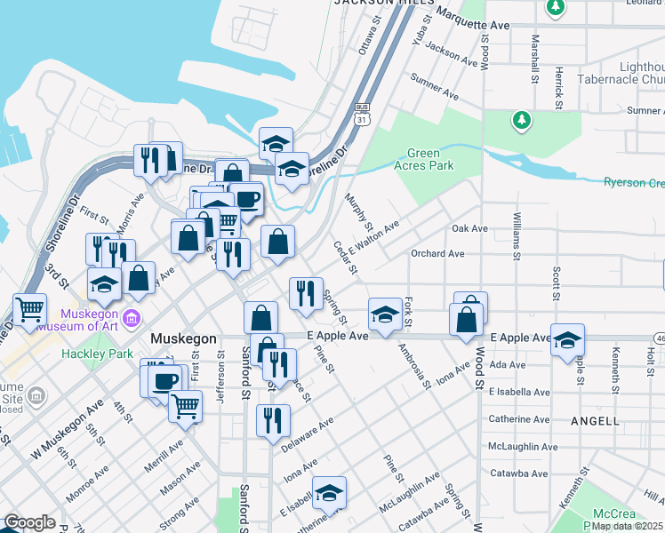 map of restaurants, bars, coffee shops, grocery stores, and more near 912 Spring Street in Muskegon