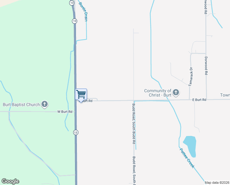 map of restaurants, bars, coffee shops, grocery stores, and more near 1397 East Burt Road in Burt