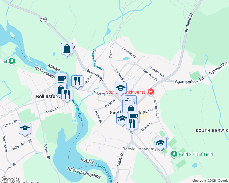 map of restaurants, bars, coffee shops, grocery stores, and more near 325 Main Street in South Berwick