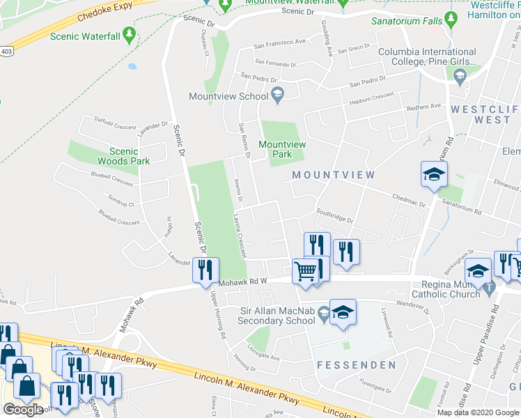 map of restaurants, bars, coffee shops, grocery stores, and more near 27 Lavina Crescent in Hamilton