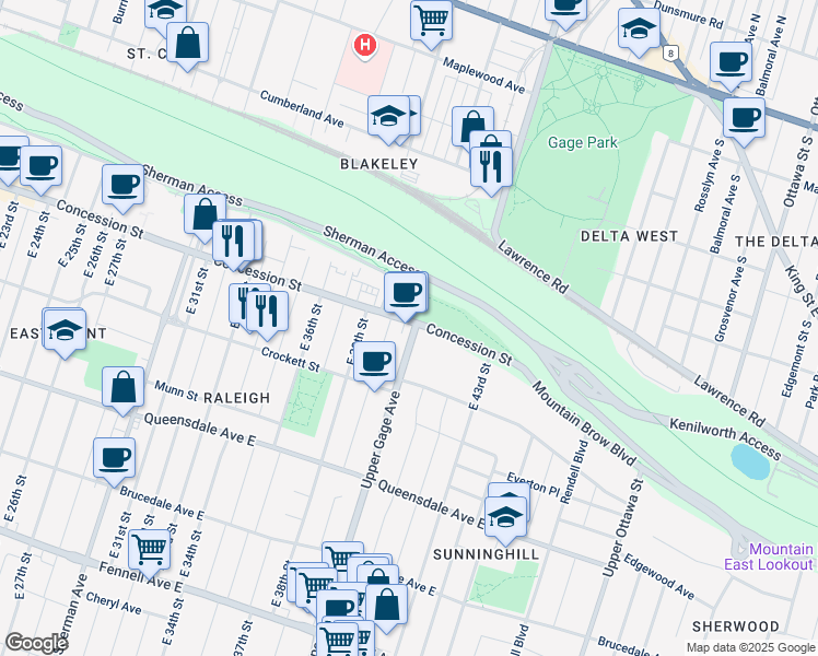 map of restaurants, bars, coffee shops, grocery stores, and more near 954 Concession Street in Hamilton