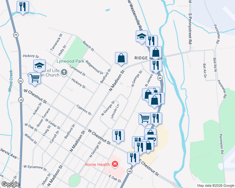 map of restaurants, bars, coffee shops, grocery stores, and more near 2006 North Madison Street in Rome