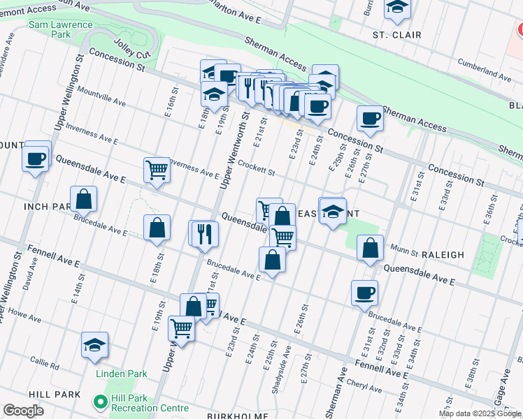 map of restaurants, bars, coffee shops, grocery stores, and more near 128 East 22nd Street in Hamilton