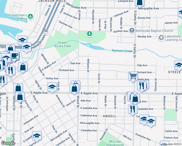 map of restaurants, bars, coffee shops, grocery stores, and more near 822 Williams Street in Muskegon