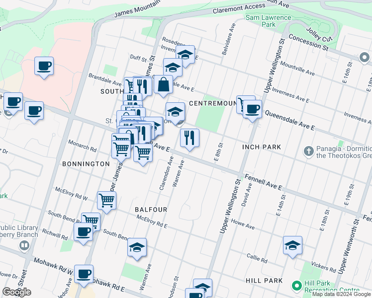 map of restaurants, bars, coffee shops, grocery stores, and more near 192 East 6th Street in Hamilton