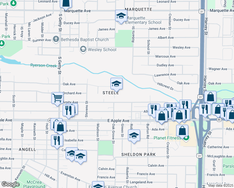 map of restaurants, bars, coffee shops, grocery stores, and more near 1150 Amity Avenue in Muskegon