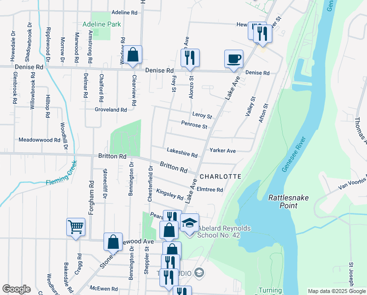 map of restaurants, bars, coffee shops, grocery stores, and more near 61 Grassmere Park in Rochester