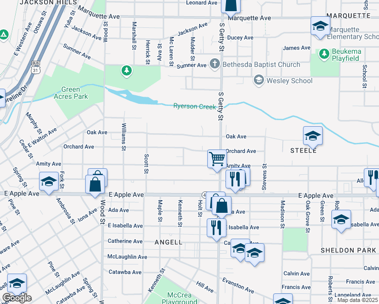 map of restaurants, bars, coffee shops, grocery stores, and more near 693 Orchard Avenue in Muskegon