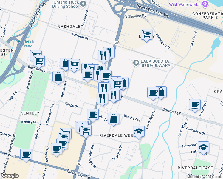 map of restaurants, bars, coffee shops, grocery stores, and more near 2481 Barton Street East in Hamilton