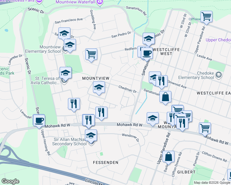 map of restaurants, bars, coffee shops, grocery stores, and more near 60 Chedmac Drive in Hamilton