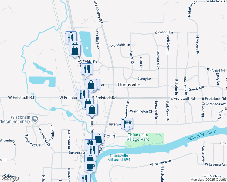 map of restaurants, bars, coffee shops, grocery stores, and more near 303 Green Bay Road in Thiensville