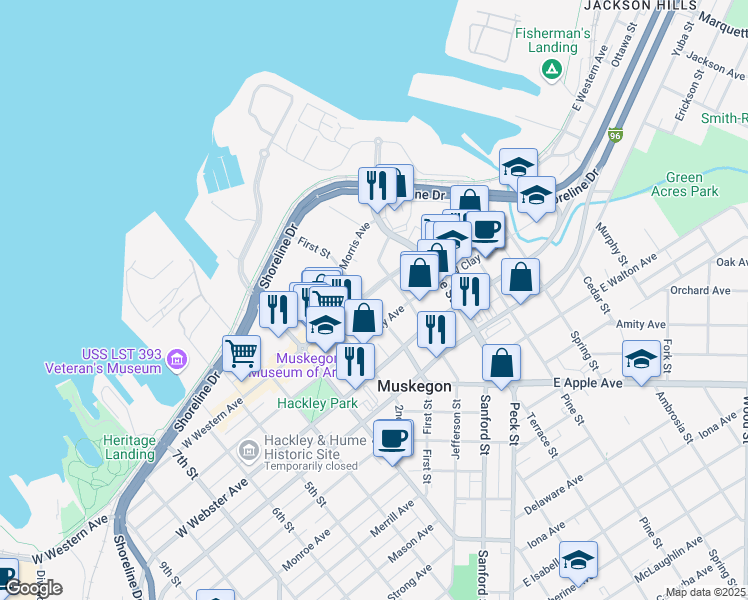 map of restaurants, bars, coffee shops, grocery stores, and more near 285 West Western Avenue in Muskegon