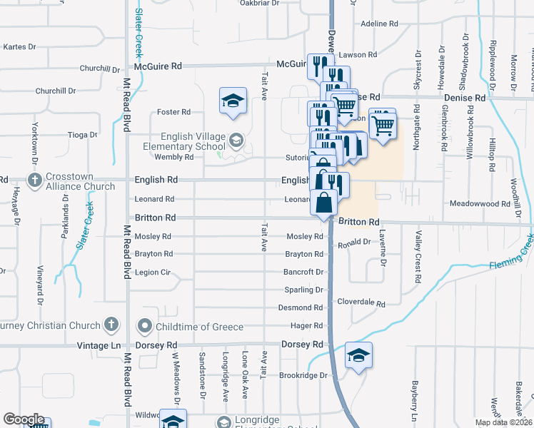 map of restaurants, bars, coffee shops, grocery stores, and more near 952 Britton Road in Rochester