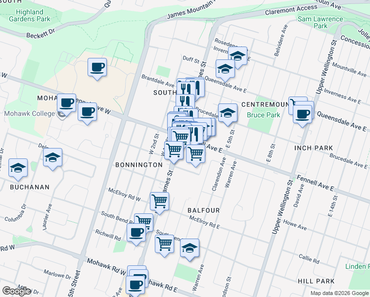 map of restaurants, bars, coffee shops, grocery stores, and more near 651 Upper James Street in Hamilton