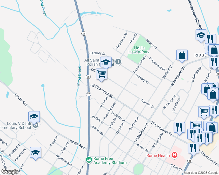 map of restaurants, bars, coffee shops, grocery stores, and more near 801-999 Cypress St in Rome