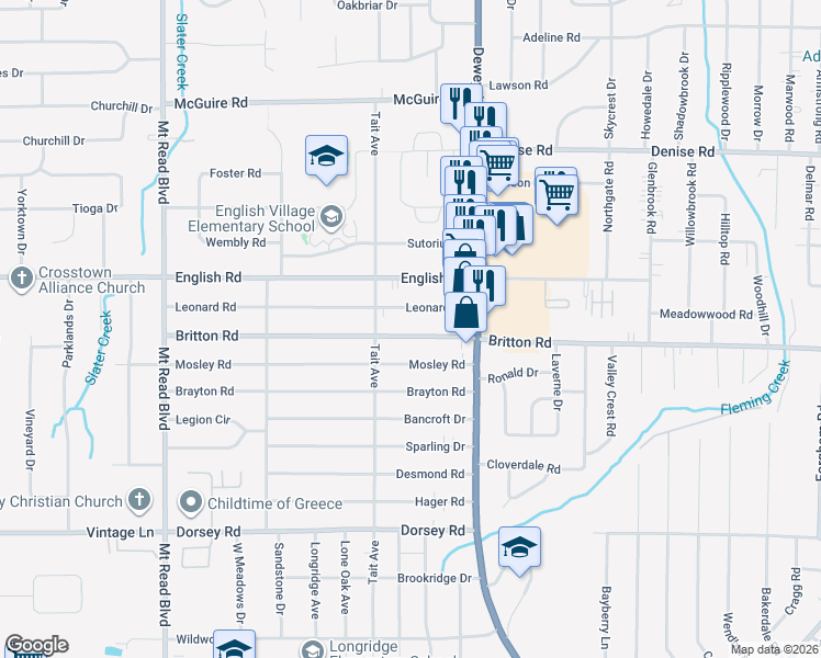 map of restaurants, bars, coffee shops, grocery stores, and more near 71 Leonard Road in Rochester