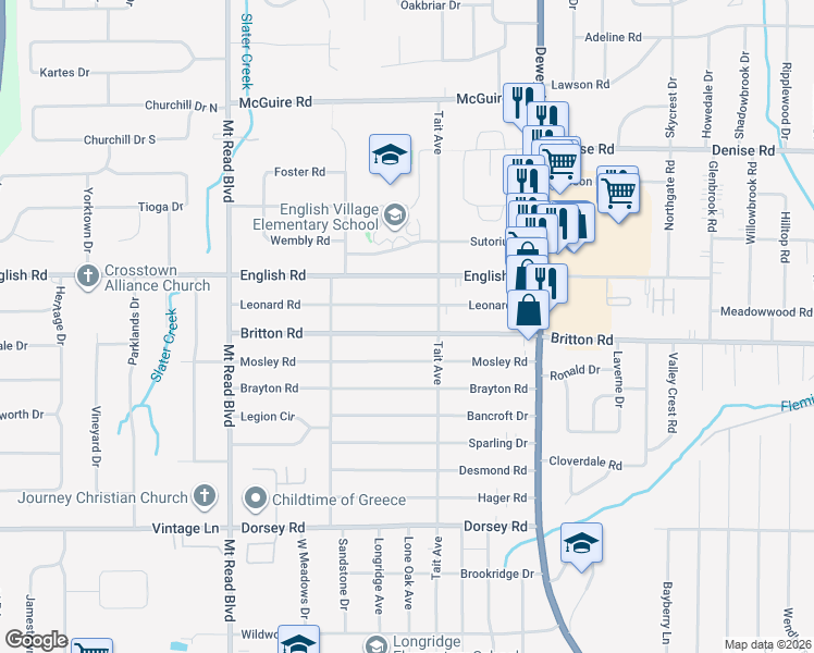map of restaurants, bars, coffee shops, grocery stores, and more near 188 Leonard Road in Rochester