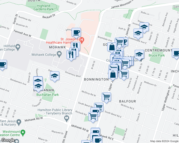 map of restaurants, bars, coffee shops, grocery stores, and more near in Hamilton