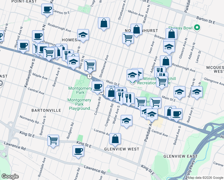 map of restaurants, bars, coffee shops, grocery stores, and more near 1 Rosewood Road in Hamilton