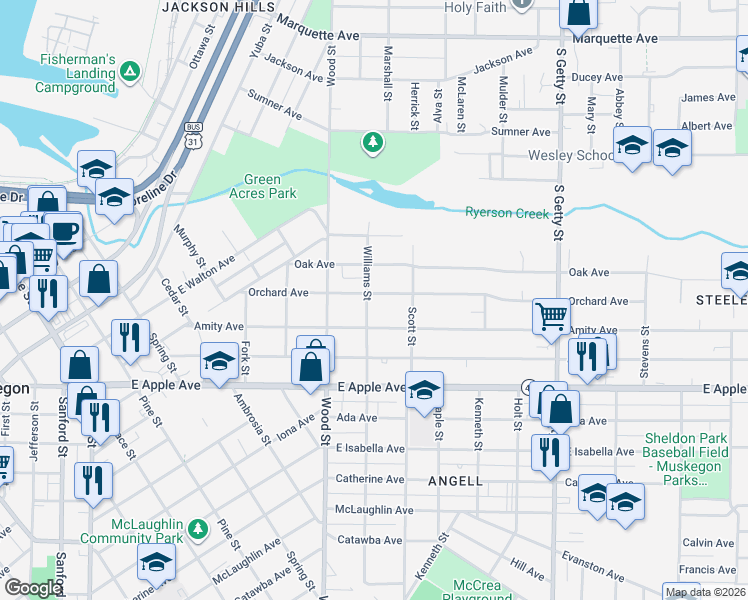 map of restaurants, bars, coffee shops, grocery stores, and more near 822 Williams Street in Muskegon