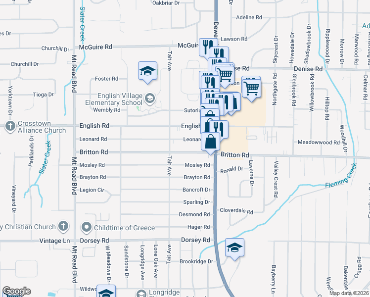 map of restaurants, bars, coffee shops, grocery stores, and more near 71 Leonard Road in Rochester